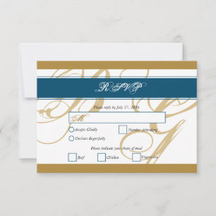 Gold Blue Elegant Script Monogram Wedding RSVP Card
