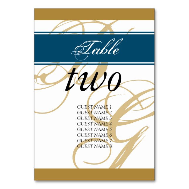Gold Blue Elegant Script Monogram Wedding Table Number (Front)
