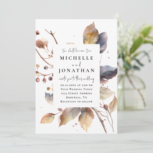 Gold Blue Fall Leaves Two Become One Bible Wedding Invitation (Standing Front)