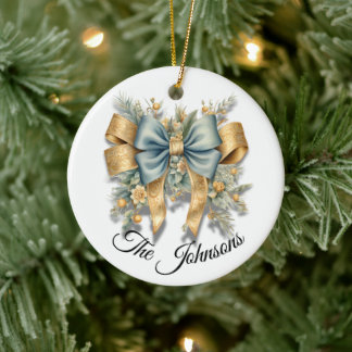 Gold & Blue Festive Bow Design - Custom Ceramic Ornament