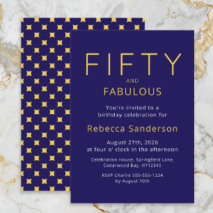 Gold Blue Fifty and Fabulous 50th Birthday Party Invitation