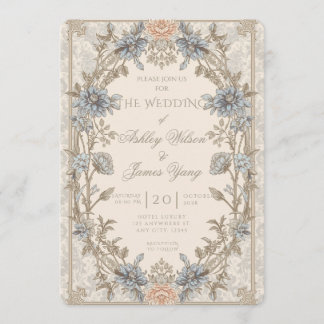 Gold Blue Floral Botanical Wedding Invitation