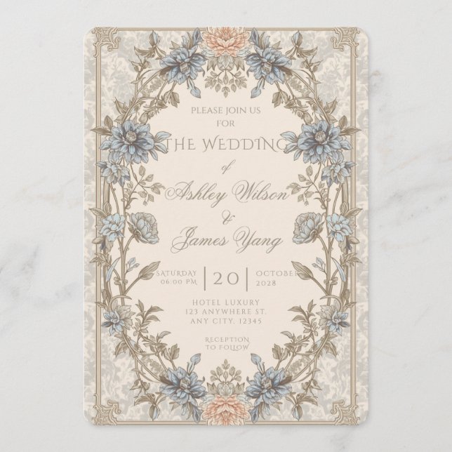 Gold Blue Floral Botanical Wedding Invitation (Front)