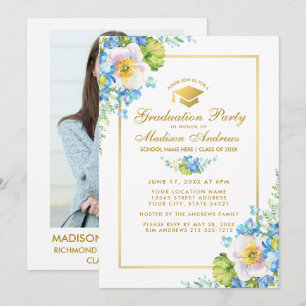 Gold Blue Floral Grad Party Invitation - Photo Ret