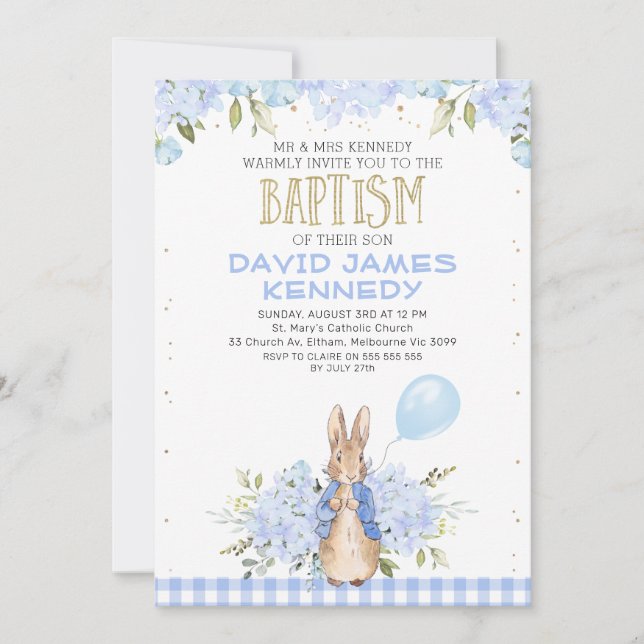 Gold Blue Floral Peter Rabbit Baptême Invitation (Devant)
