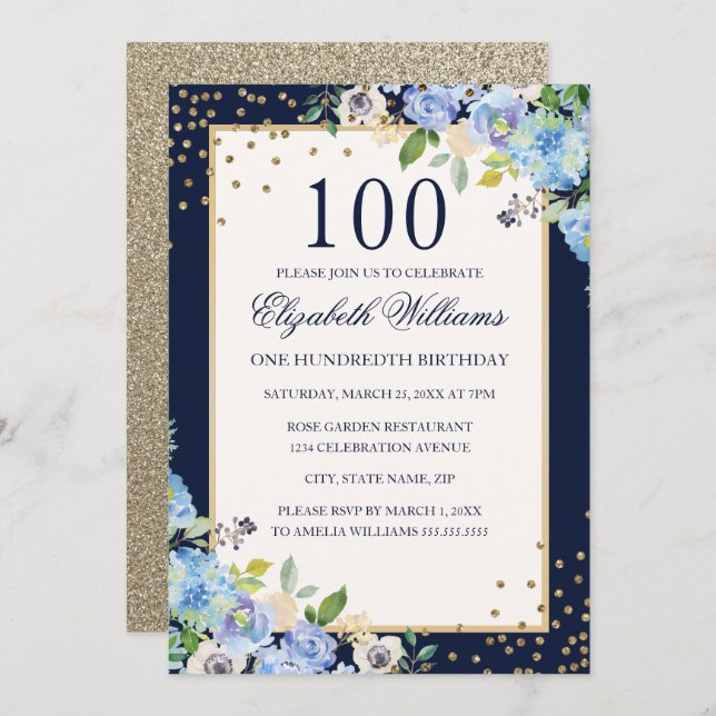 Gold Blue floral Sparkle 100th Birthday Invitation (Front/Back)