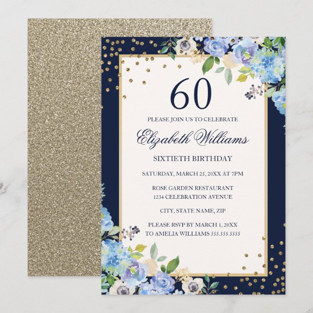 Gold Blue floral Sparkle 60th Birthday Invitation (Front/Back)
