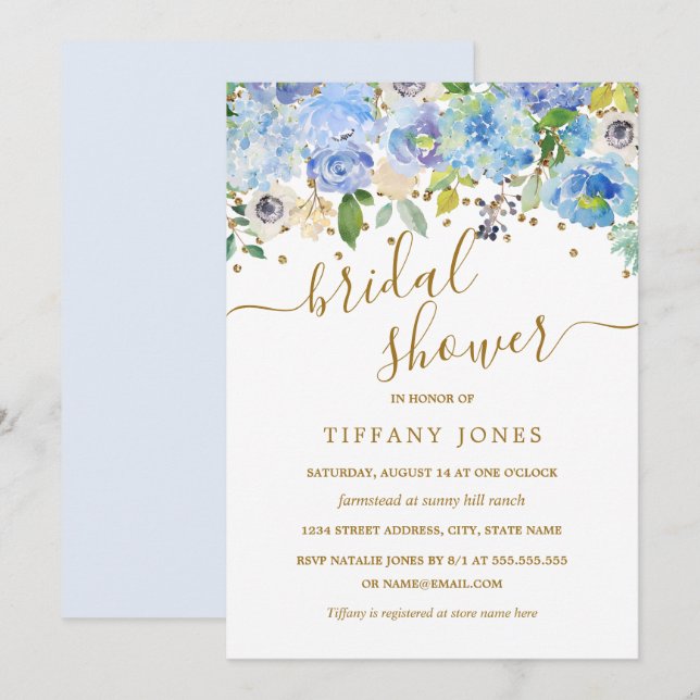 Gold Blue Floral Watercolor Bridal Shower Invite (Front/Back)