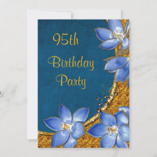 Gold & Blue Flowers 95th Birthday Invitation