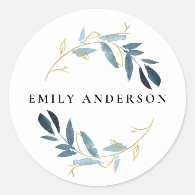 GOLD BLUE FOLIAGE WATERCOLOR WREATH PROFESSIONAL CLASSIC ROUND STICKER (Front)