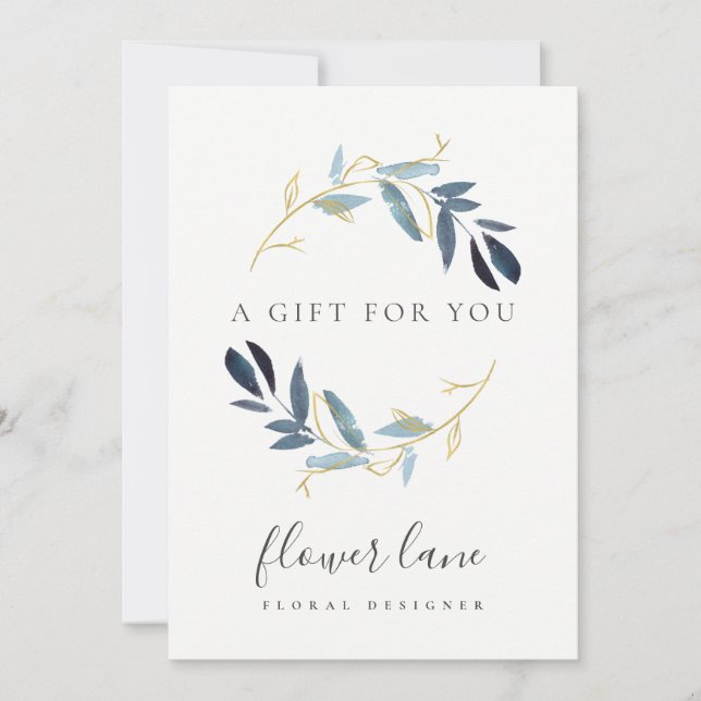 GOLD BLUE FOLIAGE WREATH GIFT CERTIFICATE CARD (Front)
