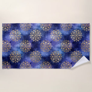 Gold & Blue Galaxy Dharma Mandala Pattern Beach Towel