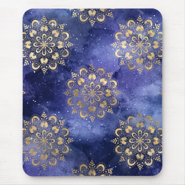 Gold & Blue Galaxy Dharma Mandala Pattern Mouse Pad (Front)