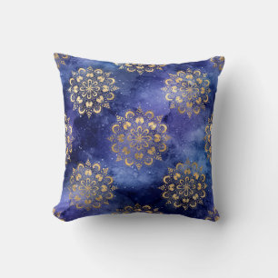 Gold & Blue Galaxy Dharma Mandala Pattern Throw Pillow