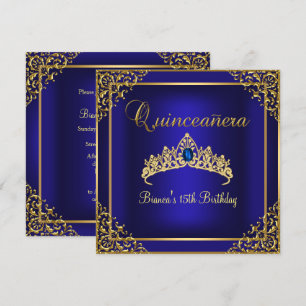 Gold & Blue Gem Tiara Quinceanera Invitation