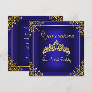 Gold & Blue Gem Tiara Quinceanera Invitation
