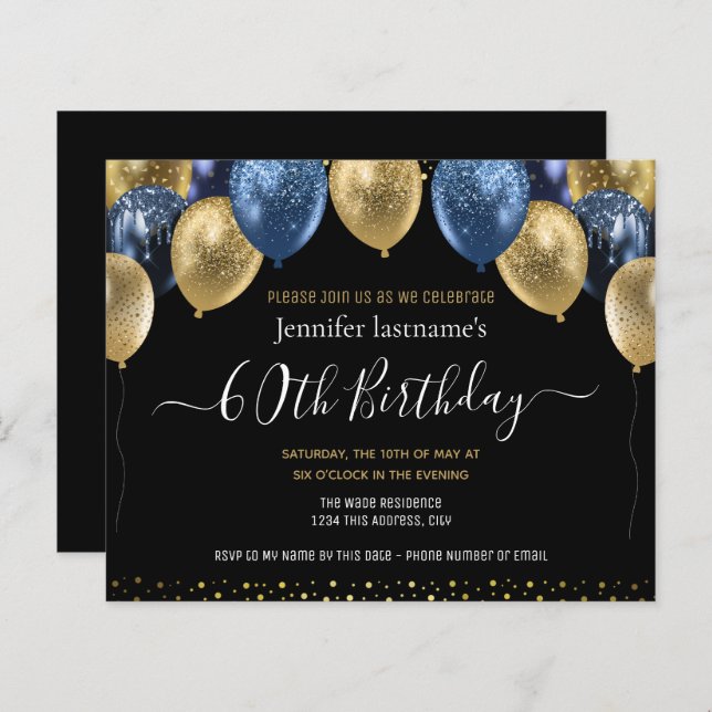 Gold Blue Glitter Balloons 60th Birthday (Front/Back)