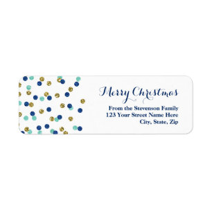 Gold Blue Glitter Confetti Christmas Address Label