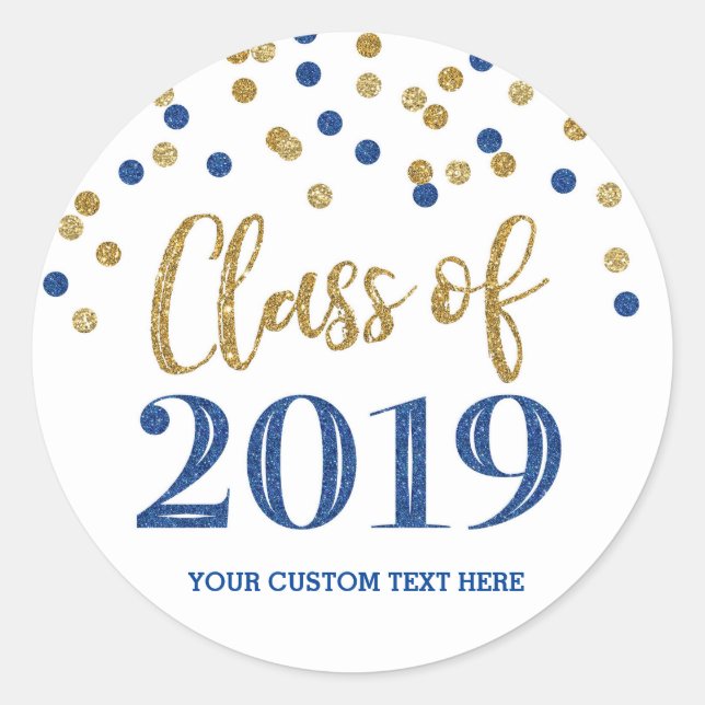 Gold Blue Glitter Confetti Graduation 2019 Classic Round Sticker (Front)
