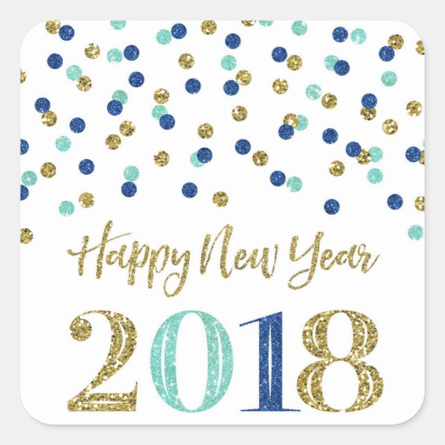 Gold Blue Glitter Confetti Happy New Year 2018 Square Sticker (Front)