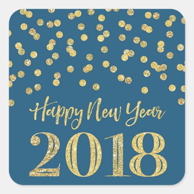 Gold Blue Glitter Confetti Happy New Year 2018 Square Sticker (Front)