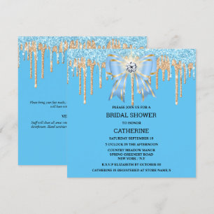 Gold blue glitter diamond bow shimmer lights chic invitation