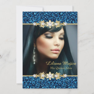 Gold Blue Glitter & Jewel Bow Quinceanera Invitation
