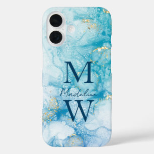 Gold Blue Glitter Watercolor Personalize iPhone 16 Case