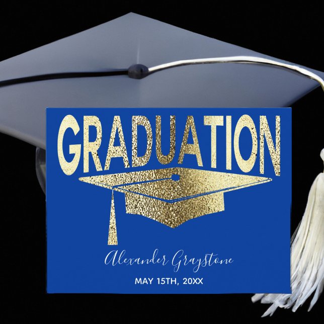 Gold Blue Graduation Cap Save The Date Postcard (Creator Uploaded)