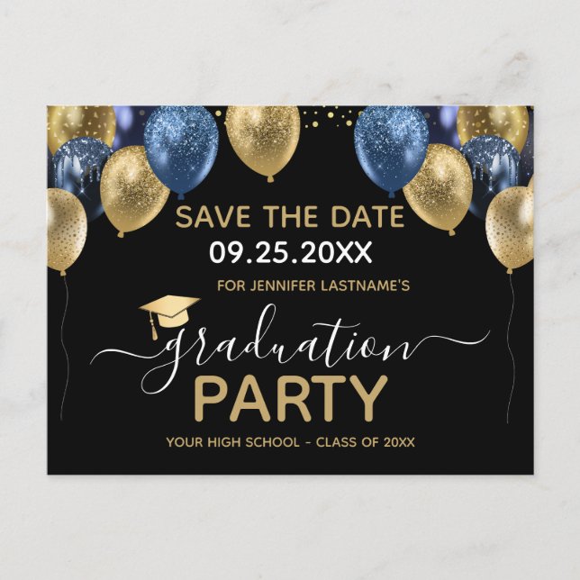 Gold Blue Graduation Party Save the Date Postcard (Front)