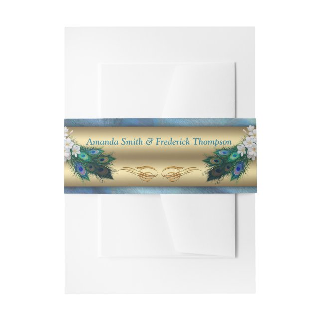 GOLD Blue-green Peacocks on Emerald Green Silk Invitation Belly Band (Front Example)