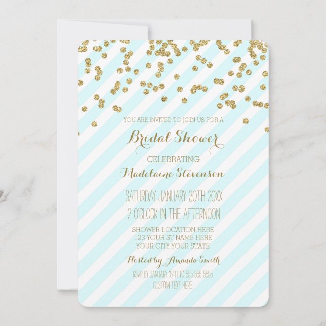 Gold Blue Green Stripes Bridal Shower Invitations (Back)