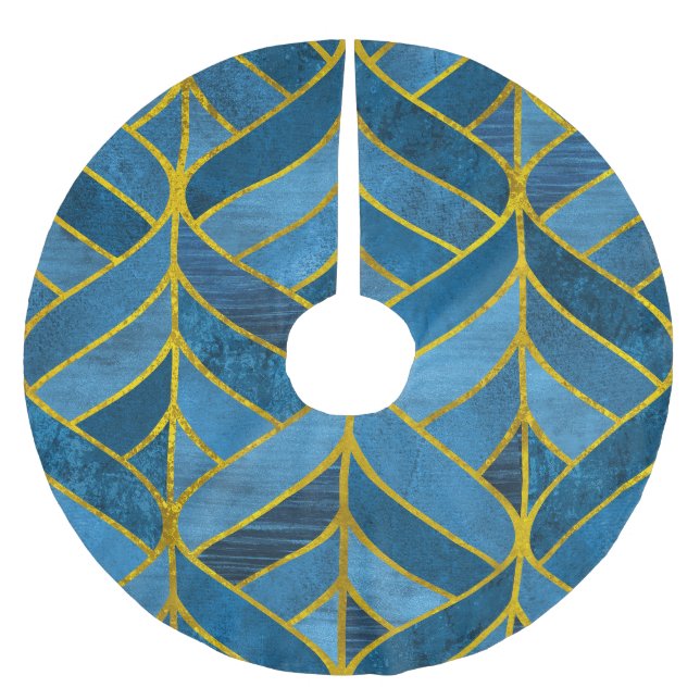Gold Blue Grunge Pattern Brushed Polyester Tree Skirt (Front)