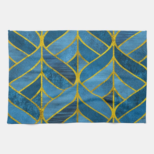 Gold Blue Grunge Pattern Kitchen Towel (Horizontal)