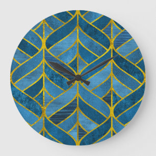 Gold Blue Grunge Pattern Large Clock