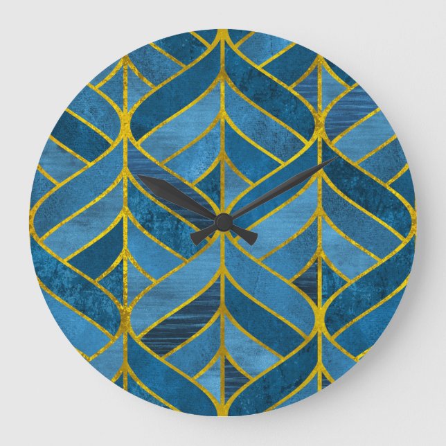 Gold Blue Grunge Pattern Large Clock (Front)