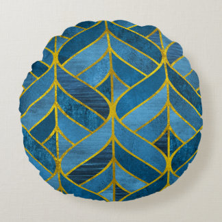 Gold Blue Grunge Pattern Round Pillow