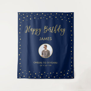 Gold & Blue   Happy Birthday Photo Tapestry