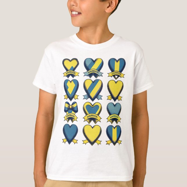Gold Blue Heart Down Syndrome Awareness Warrior T-Shirt (Front)