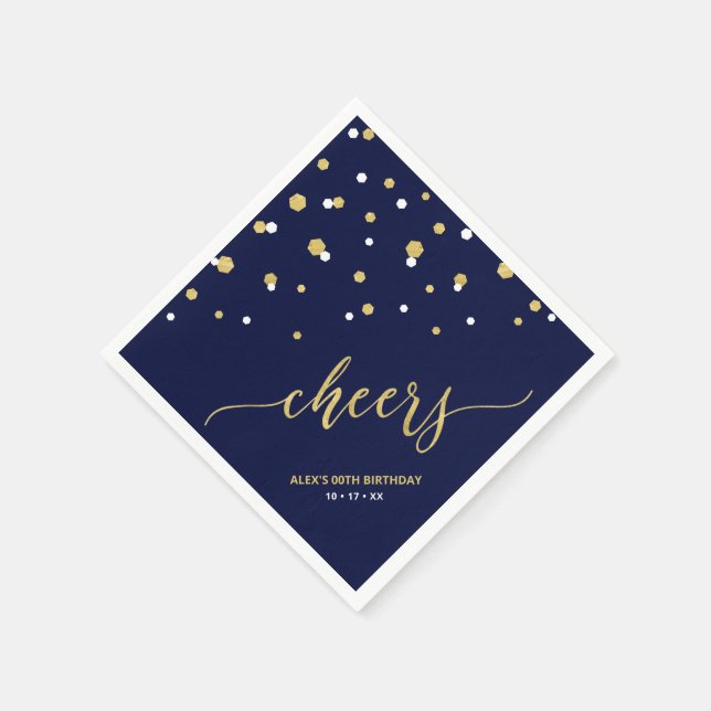 Gold & Blue Hexagon Confetti Cheers Custom Party Napkin (Corner)