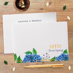 Gold Blue Hydrangea 18th Wedding Anniversary Envelope
