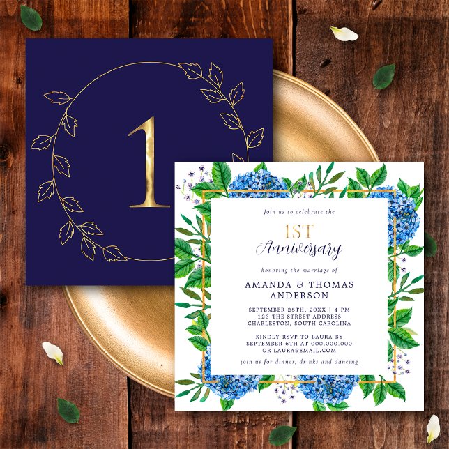 Gold Blue Hydrangea 1st Wedding Anniversary Invitation (Front / Back)