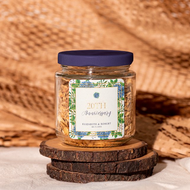 Gold Blue Hydrangea 20th Wedding Anniversary Party Square Sticker (Creator Uploaded)