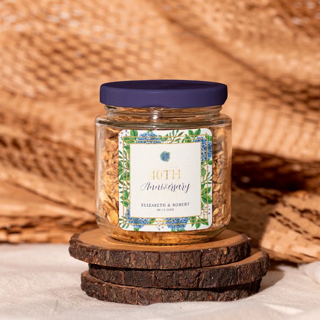 Gold Blue Hydrangea 40th Wedding Anniversary Party Square Sticker (Creator Uploaded)