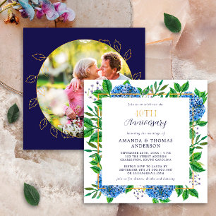 Gold Blue Hydrangea 40th Wedding Photo Anniversary Invitation