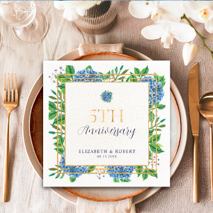Gold Blue Hydrangea 5th Wedding Anniversary  Napkin