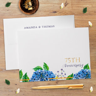 Gold Blue Hydrangea 75th Wedding Anniversary Envelope