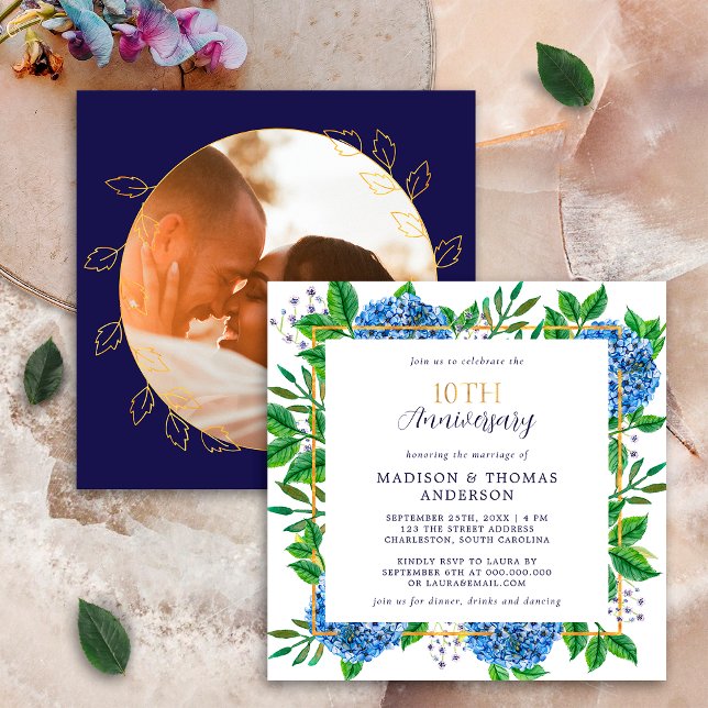 Gold Blue Hydrangea Photo 10th Wedding Anniversary Invitation (Creator Uploaded)