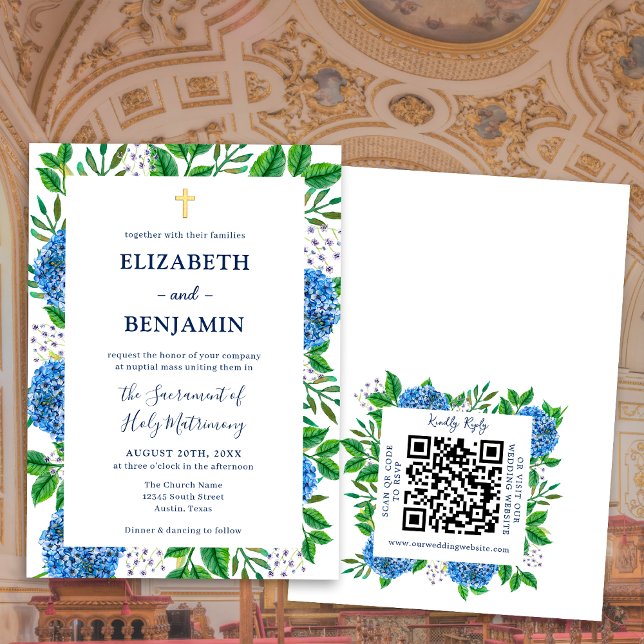 Gold Blue Hydrangeas QR Code Catholic Wedding Invitation (Creator Uploaded)