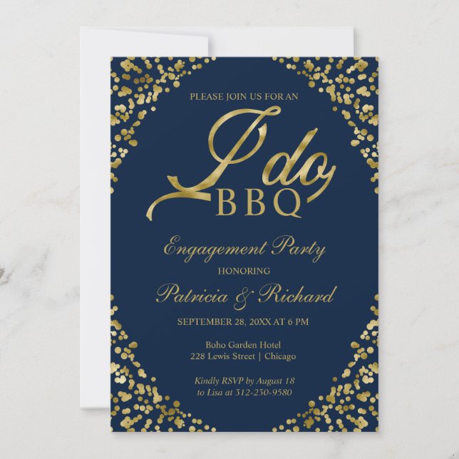 Gold  Blue I DO BBQ Engagement Party Invitation (Front)